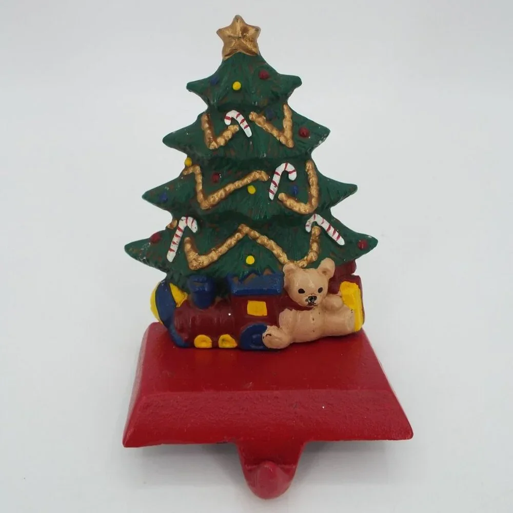 Vintage Cast Iron Christmas Stocking Hanger Tree Train Bear Candy Canes